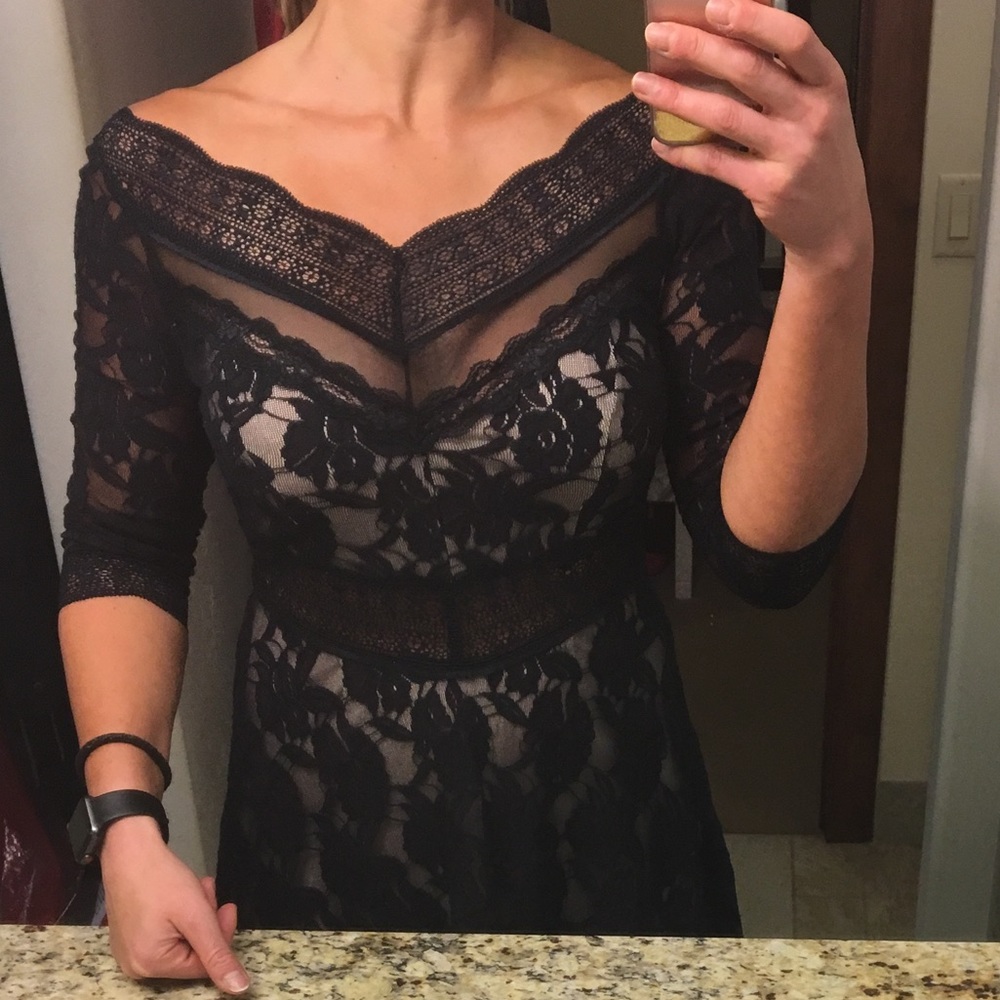 Black Lace Sheer Overlay Dress | Romantic V-Neck | Elegant Evening Dress